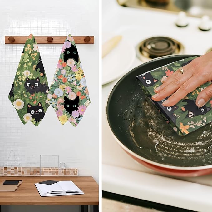 Jztco 2Pcs Cute Cat Kitchen Towels 24x14 Inch, Colorful Floral Waffle Weave Hand Towels for Kitchen Home Decor, Absorbent Microfiber Dish Cloth Tea Towel, Cat Lover Gifts for Women Mom Grandma