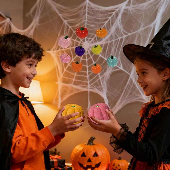 Halloween Bath Bombs for Kids Gifts: 9 Pcs Pumpkin Bath Bomb with Toys Inside Surprise Spider Light up Bath Toy Spooky Basket Stuffers for Kid Boys Girls Ages 3+ Bubble Fall Shower Steamers Bathroom