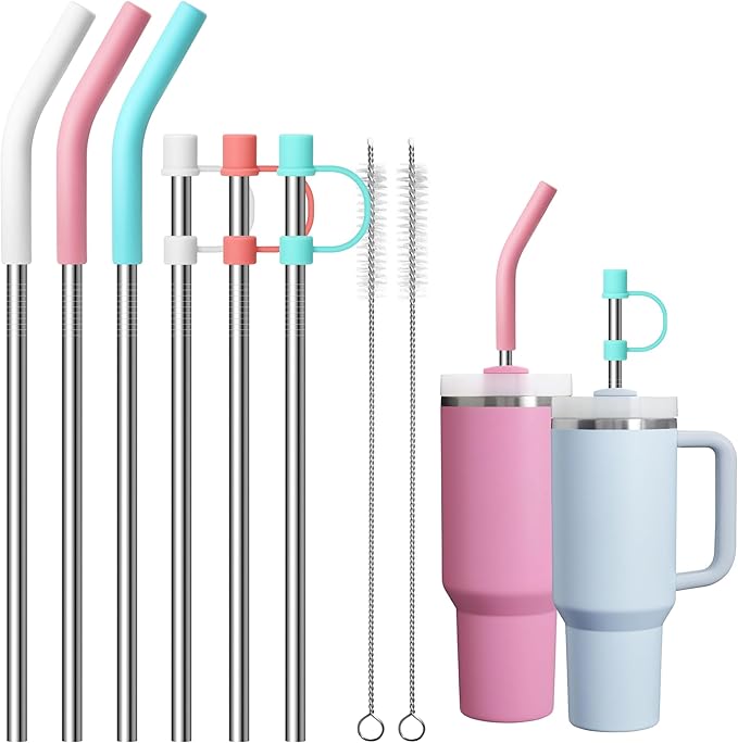 Metal Straws for 40 oz Stanley Cup, 6 Pcs Extra Long Reusable Stainless Steel Straws with Silicone Tips for 40 oz Tumbler and Clean Brush