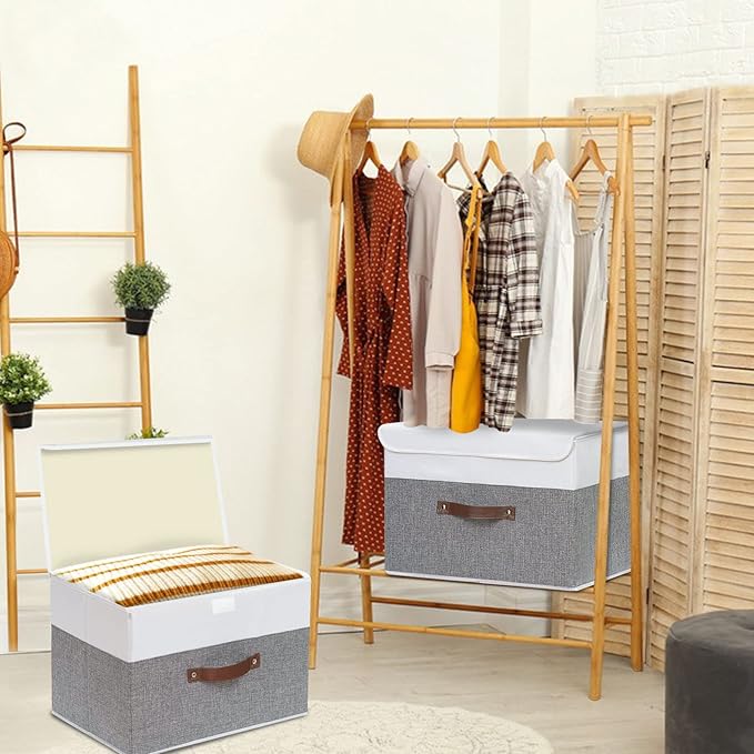 Yawinhe Collapsible Storage Bin, Cube Organizer Basket, Fabric Box with Lids, Washable and Leather Handle, for Home, Closet, White/Grey, 13.0''Lx9.0''Wx7.9''H, 5-Pack, SNK024WGS-5