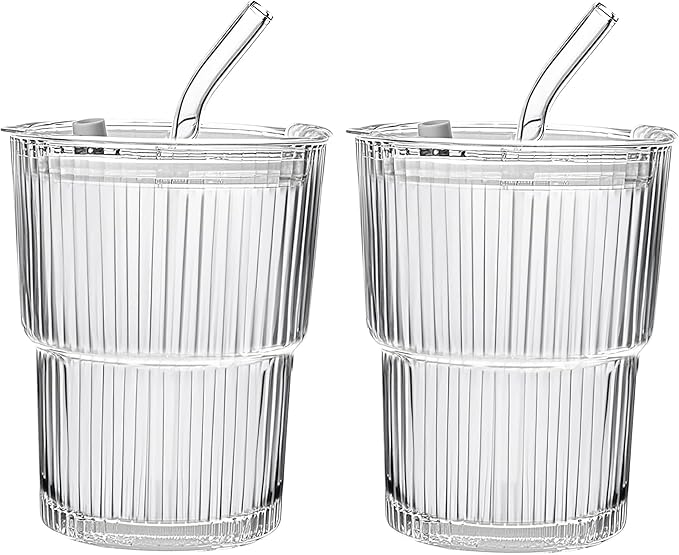 13oz/400ML Glass Tumbler with Straw and Lid Ribbed Vertical Ice Coffee Cups Sealed Carry on for Coffee Iced Tea, Thick Wall Glassware Tumbler Water Glass (Clear 2pcs)