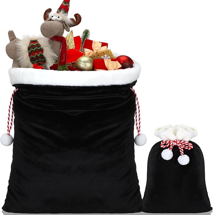 Shappy 2 Pieces Christmas Velvet Santa Bags with Drawstring in 2 Size Large Christmas Bags Santa Gift Sack for Xmas Playing Present Toy(Black)