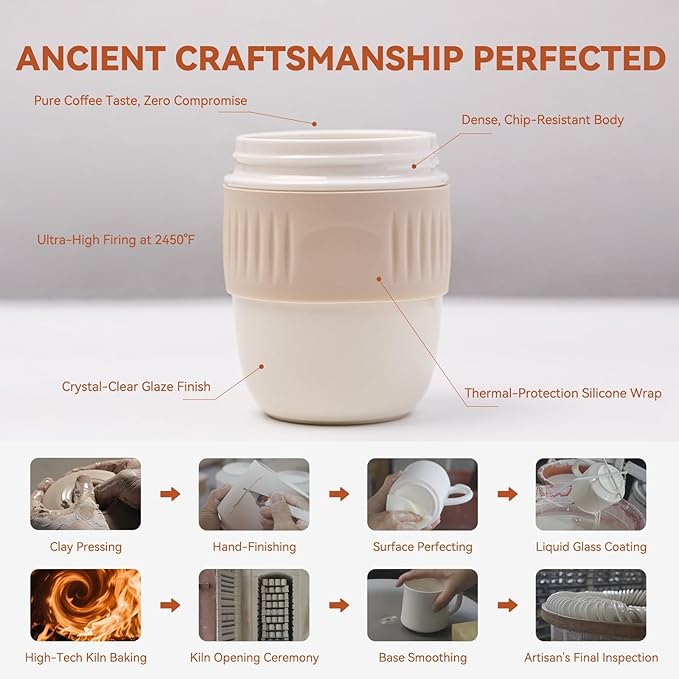 14oz Ceramic To Go Coffee Mug with Rabbit Ear Design - Threaded Leakproof Lid & Silicone Sleeve - BPA-Free, Microwave Safe for Car Cup Holders, Office & Gifts for Coffee Lovers