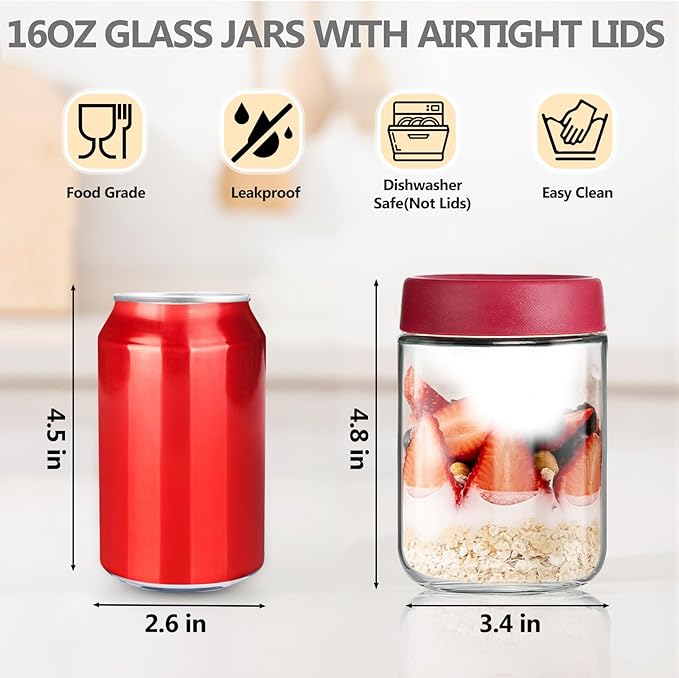 12 Pack 16oz Glass Jars with Lids, Airtight Overnight Oats Containers, Salad& Yogurt Storage, Mason Jars for Snacks, Spices, Meal Prep – Reusable