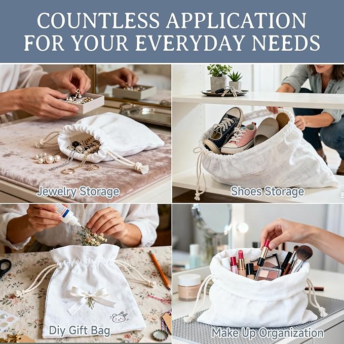 Simple&Opulence 12-Pack 8” x 10” Linen Cotton Drawstring Bags Reusable Grocery Sacks, DIY Craft Sachet Sacks Storage Cloth Bags for Party Wedding Home Bulk Produce Bags, Washable, White