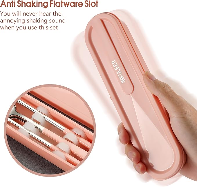 Travel cutlery set, 18/8 stainless steel cutlery, Reusable utensils set with case, Portable Silverware Lunch Box for Camping and Office (Pink)