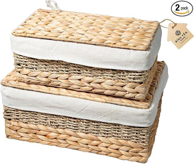 Wicker Storage Baskets with Lid and Lining, Built-in Carry Handles, Set of 2 Handwoven Water Hyacinth Storage Baskets For Organizing, Home Decoration, 2 Pack, Natural