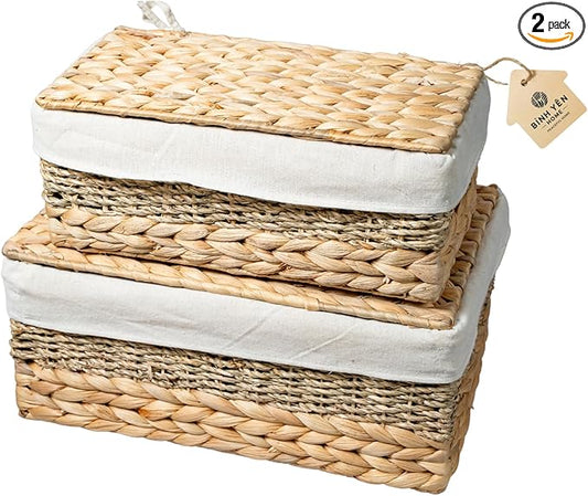 Wicker Storage Baskets with Lid and Lining, Built-in Carry Handles, Set of 2 Handwoven Water Hyacinth Storage Baskets For Organizing, Home Decoration, 2 Pack, Natural