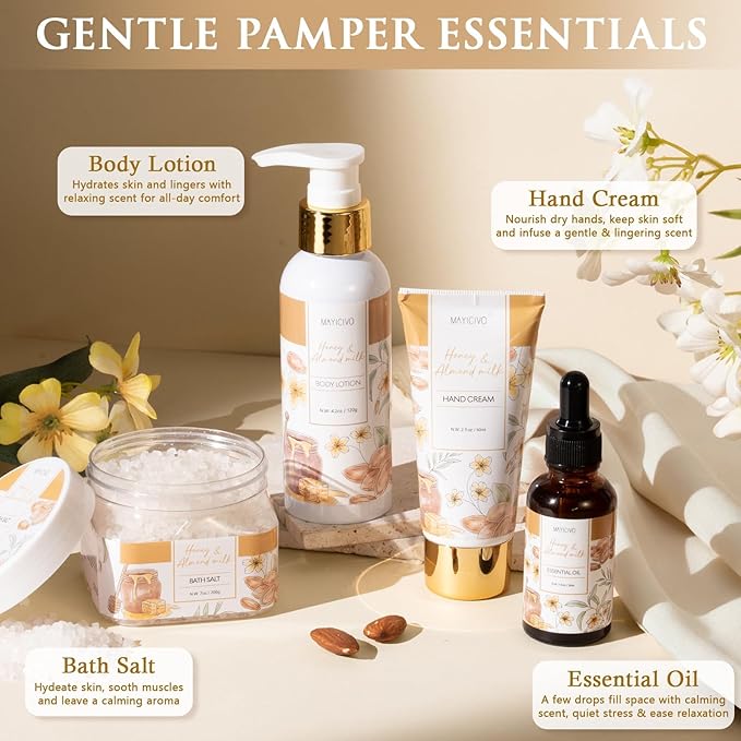 Christmas Birthday Gifts for Women, Honey & Almond Milk Relaxing Spa Gift Baskets for Women Self Care Package Bath Gift Set, Home Bath and Body Kit Pamper Gifts for Womens Mom Her Friends Sister Wife