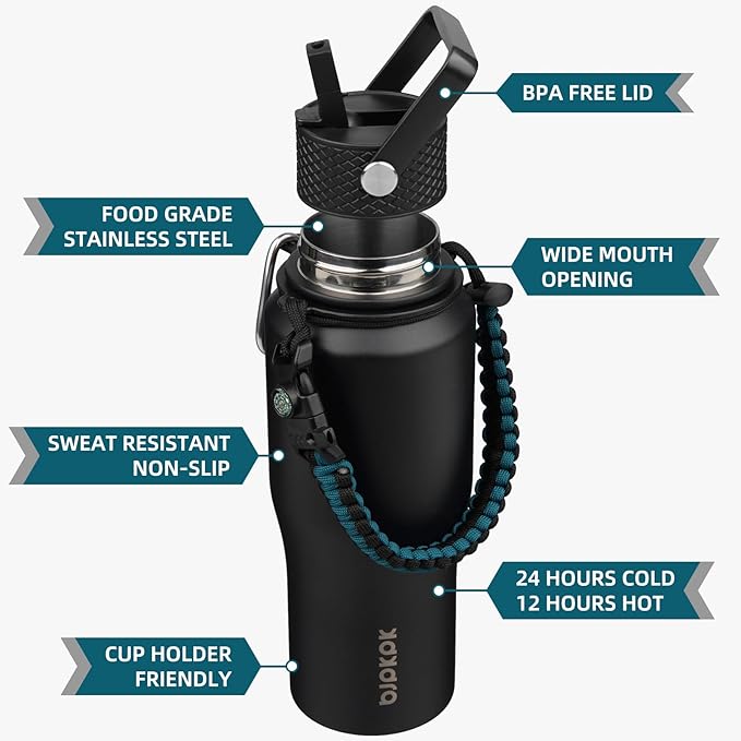 BJPKPK Insulated Water Bottles with Straw Lid, 23oz Metal Water Bottle with 2 lids & Paracord Strap, Double Wall Stainless Steel Vacuum Tumblers, Cups, Mugs, Thermo for Hot& Cold Drinks, Black