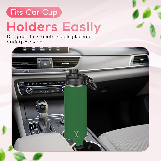 Y TOP 24oz Insulated Water Bottle Cup Holder Friendly, Leak Proof Spout Lid, Double Wall Insulation, Dishwasher Safe, Easy Clean Stainless Steel Water Bottle for Gym Kids Sports Travel School Hiking