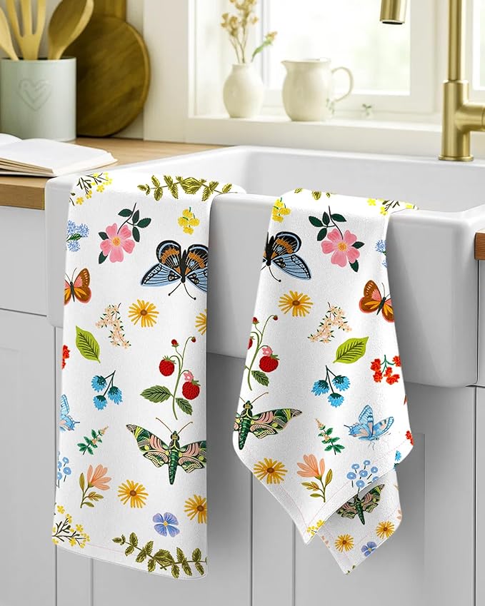 Flour Sack Kitchen Towels Set of 2-18x26 Cotton Dish Towels with Hanging Loop Reusable Tea Towel for Cleaning Spring Absorbent Dishcloths Cute Home Decor Housewarming, Butterfly Garden
