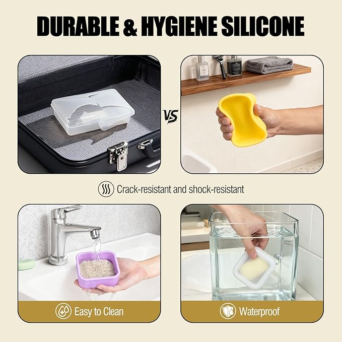 OTHIX 2 Pack Leakproof Silicone Travel Soap Case-Small Bar Soap Holder Container with Drainage Layer & Mini Portable Soap Dish for Shampoo Bars, Bathroom, Gym, Travel, Camping (Cream & Light Purple)