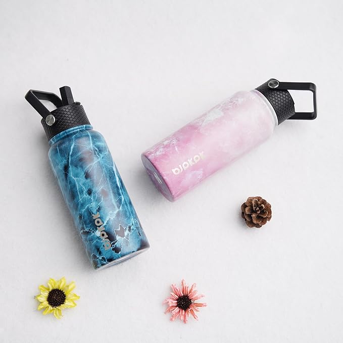 BJPKPK 2 Pack Insulated Water Bottles with Straw Lids, 32oz Stainless Steel Metal Water Bottle with 6 Lids, Leak Proof BPA Free Jugs, Cups, Flasks for Travel, Sports (Blossom+Ocean)