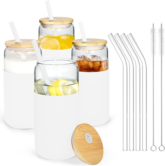 20oz Drinking Glasses Cups Set of 4 Beer Can Shaped Drinking Glasses with Silicone Protective Sleeve Straw Bamboo Lid Iced Coffee for Coffee Smoothie Boba Tea(White*4)