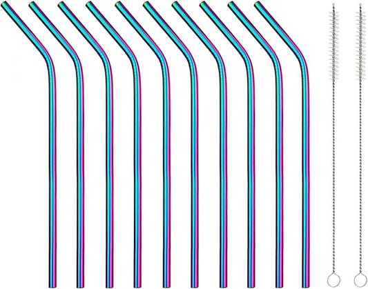 10 Pcs Stainless Steel Straws, Reusable Drinking Straws, Bent Metal Straw Sets with 2 Pcs Cleaning Brushes (Colorful, 8.5 Inch)