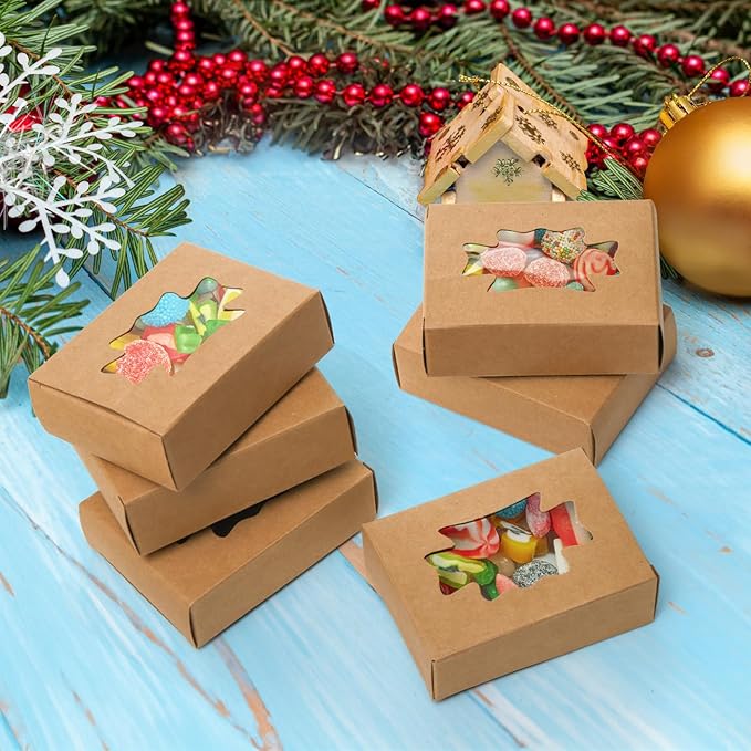 100 Pack Kraft Paper Soap Boxes, Kraft Treat Boxes with Window, Rectangle Soap Wrappers Packaging, Soap Making Supplies for Bakery, Candy, Chocolate, Jewelry Display, Christmas Gift
