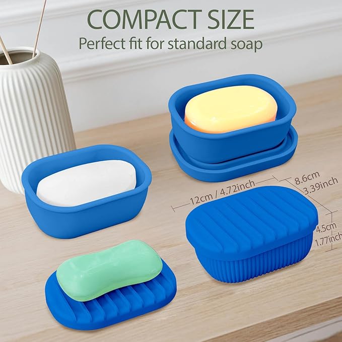 Leakproof Silicone Travel Soap Case with Drainage Layer, Silicone Bar Soap Holder Compact Portable Shatterproof Soap Container Box for Bathroom Gym Camp Travel Toiletries (KleinBlue, Drainage Lid)