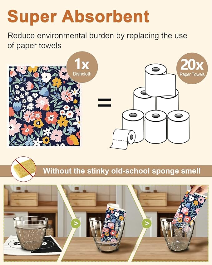 Swedish Dishcloths for Kitchen with Hooks - Reusable Dish Cloths for Washing Dishes Fast Drying Cute Fun 5 Pack Swedish Dish Towels Washable Cleaning Sponge, Color Floral Cluster