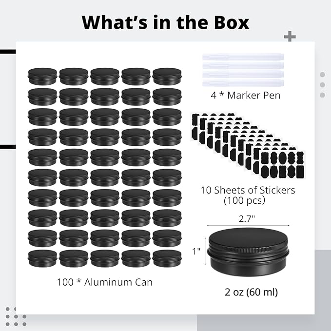 Lnrueg 100PCS Metal Round Tins, 2 oz Black Aluminum Tin Cans Containers with Screw Lid for Lotion Bars, Balms, Salve, Spices or Beard Balm, DIY Candle Making Jar