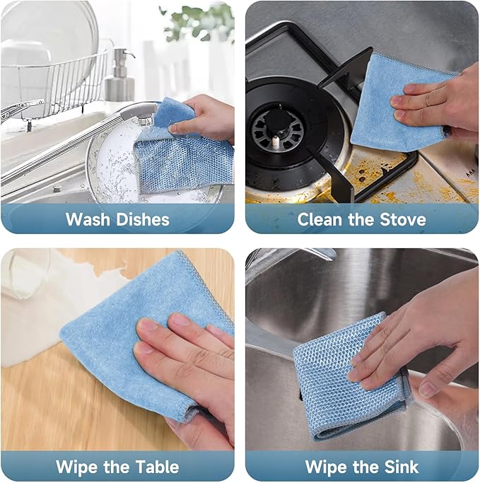 10PCS Upgrade Wire Dishwashing Rag, Non-Scratch, Wet and Dry, Double Layer, Multipurpose Wire Dishwashing Rags for Kitchen, Sinks, Cookware, Stove, Easy Rinsing, Reusable