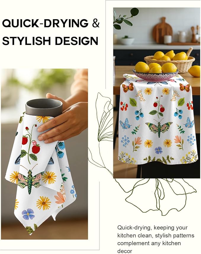 Flour Sack Kitchen Towels Set of 2-18x26 Cotton Dish Towels with Hanging Loop Reusable Tea Towel for Cleaning Spring Absorbent Dishcloths Cute Home Decor Housewarming, Butterfly Garden