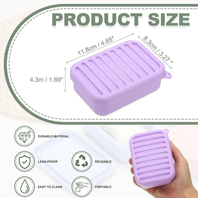 uxcell Shampoo Bar Travel Case, Silicone Leak Proof Soap Bar Case with Draining Layer Soap Container for Traveling, Bathroom, Gym, Camping(4"x2.76"x1.3", Light Purple)