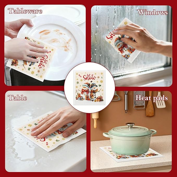 Mixed Christmas Swedish Kitchen Dishcloths Dish Towels 6 Pack, Christmas Dish Towels for Kitchen, Swedish Dishcloth with Santa, Paper Towels Reusable, Dish Cloth Towel Cleaning Wipe for Holiday Party