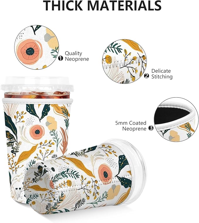 Iced Coffee Sleeve, Reusable Insulated Neoprene Cup Sleeve for Cold & Hot Drinks Beverages, Cup Holder for 16oz-18oz Coffee Cups, Beautiful Flowers