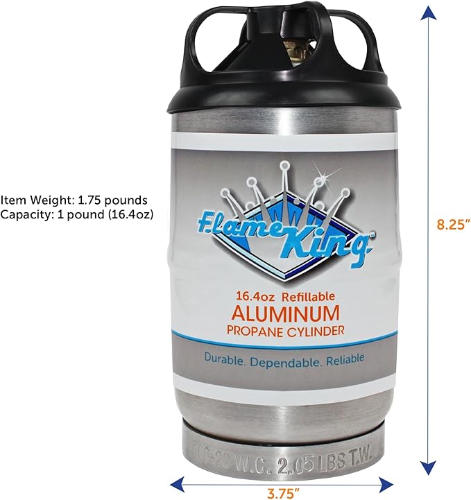 Flame King 1LB Empty Aluminum Propane Cylinder Tank - Corrosion-Resistant and Rust-Free, Great for Camping and Small Appliances