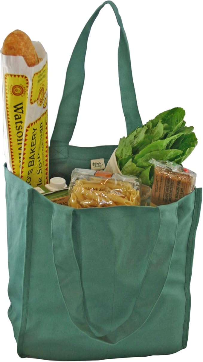 Simple Ecology Organic Cotton Deluxe Reusable Grocery Shopping Bag; Bottle Sleeves, Rigid Bottom Support (UPDATED DESIGN)