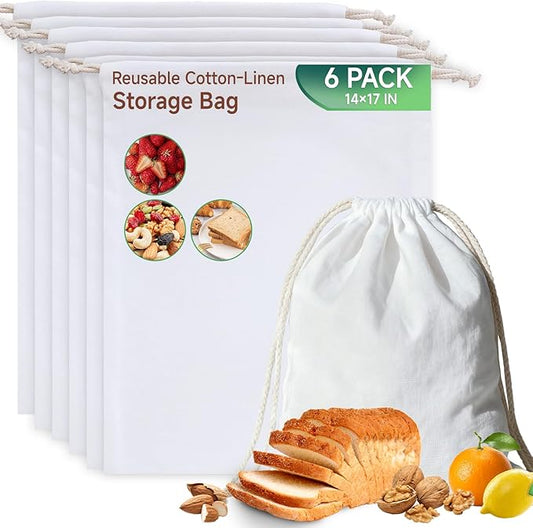 Simple&Opulence 6-Pack 14” x 17” Linen Cotton Drawstring Bags Reusable Grocery Sacks, DIY Craft Sachet Sacks Storage Cloth Bags for Party Wedding Home Bulk Produce Bags, Washable, White
