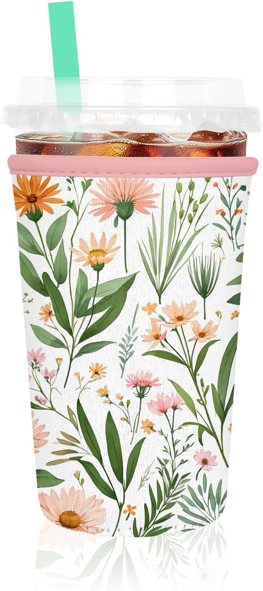 Iced Coffee Sleeve, Reusable Insulated Neoprene Cup Sleeve for Cold & Hot Drinks Beverages, Cup Holder for 22-24oz Coffee Cups,Colorful Small Flowers