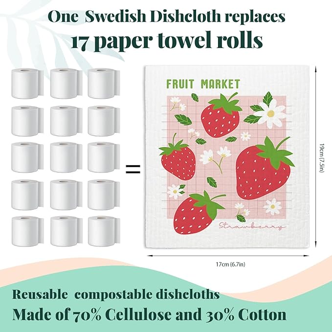 Swedish Dishcloths for Kitchen, Pink Strawberries Peach Cherry Lemon Swedish DishCloths for Friut Market, 4 Pack Dish Towels for Kitchen, Papaya Reusable Paper Towels Washable