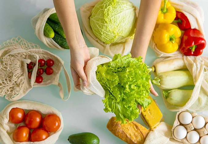 Reusable Produce Bags 6 Pack – 10"x18" Large Cotton Mesh Bags with Drawstring – Natural Storage for Vegetables, Fruit, Onions, Groceries & Shoes