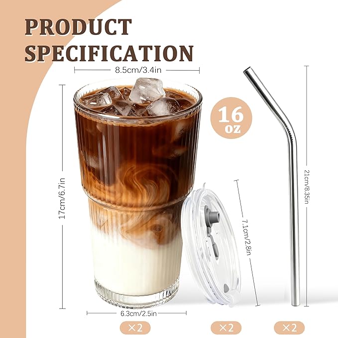 2 Packs Ribbed Glass Tumbler with Lid and Straw 16 oz Cute Ice Coffee Cup Set for Smoothie Juice Matcha Tea Latte Cappuccino Espresso Hot Coffe Water Reusable Clear Travel Mug Aesthetic Drinking Mug
