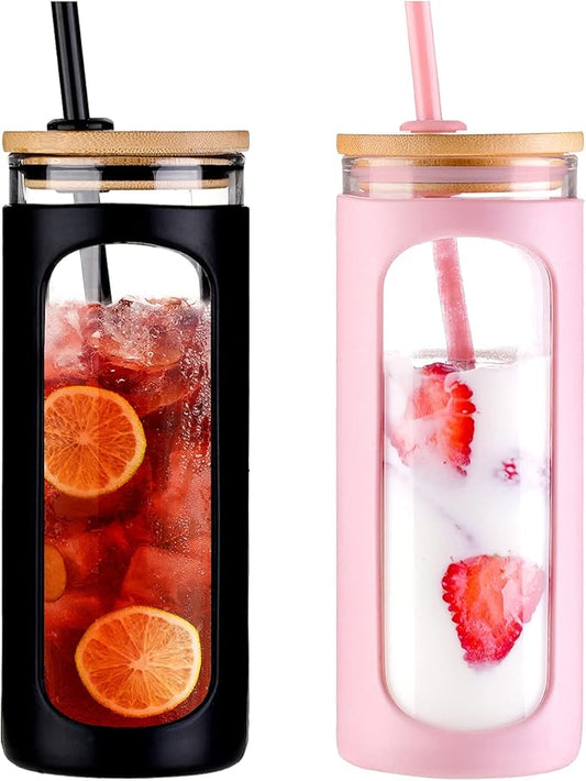 Kodrine 20oz Glass Tumbler with Straw and Lid, Bamboo Lids Water Bottle, Reusable Iced Coffee Cups, Wide Mouth Smoothie Cup with Protective Silicone Sleeve BPA FREE-Black+Pink-2pack