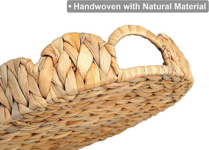 StorageWorks Scalloped Tray, Round Basket Tray Wicker Rattan Serving Tray with Handles, Scallop Basket Table Décor Trays, Water Hyacinth