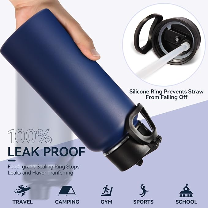 Neihepal 32 oz Insulated Water Bottles with 2 Lids (Straw & Spout Lid), 18/8 Stainless Steel Double Wall Water Bottle for Gym, Travel, Camping, Sports (Navy,2 Pack)