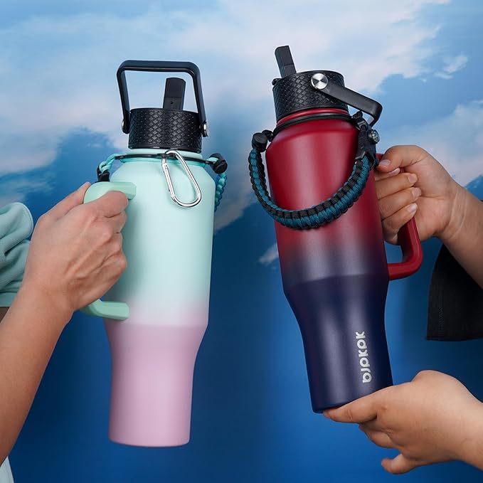 BJPKPK Insulated Water Bottles with Straw Lid, 35oz Metal Water Bottle with 2 lids & Paracord Strap, Double Wall Stainless Steel Tumbler with Handle, Reusable Cups, Mugs, Thermo, Marshmallow