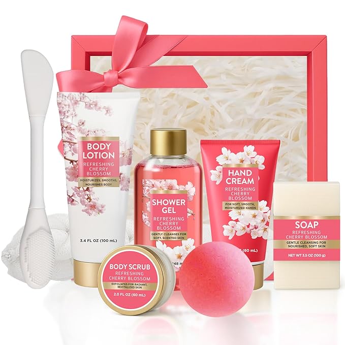 Refreshing Cherry Blossom Christmas Spa Gifts for Women, 8 Piece Gift Set with Bubble Bath, Bath Gift Baskets for Her, Relaxing Care Package with Body Scrub, Lotion, Hand Cream, Soap