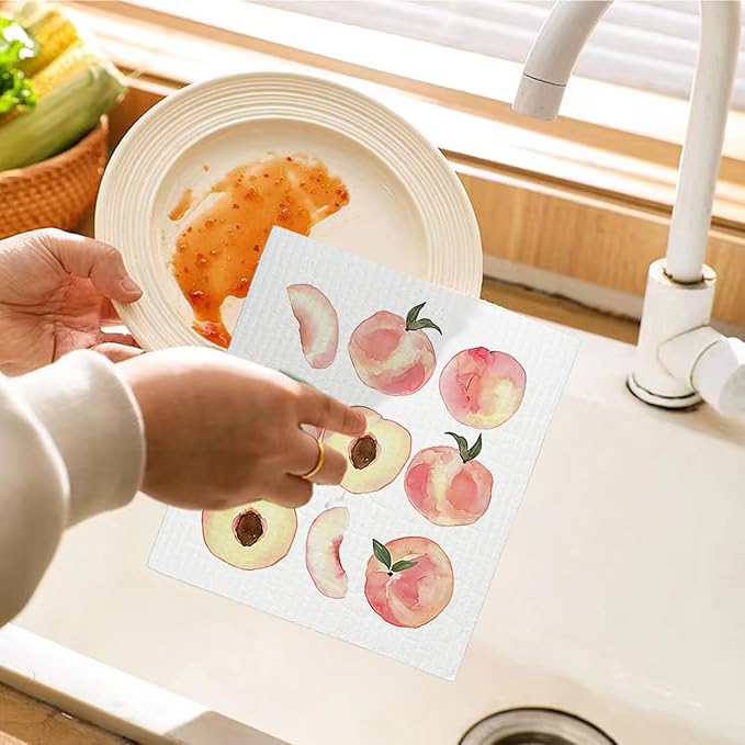 Peach Swedish Dishcloths for Kitchen, Pink Peach Cute Swedish Dish Cloths for Friut, Papaya Reusable Paper Towels, 4 Pack Cleaning Cloth for Kitchen, Reusable Paper Towels Washable