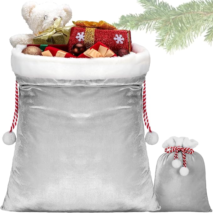 Shappy 2 Pieces Christmas Velvet Santa Bags with Drawstring in 2 Size Large Christmas Bags Santa Gift Sack for Xmas Playing Present Toy(Grey)
