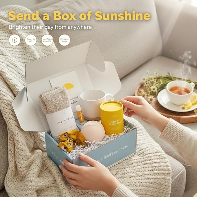 Unboxme Sunshine Spa Gift Basket for Women, Care Package with Tea, Mug, Bath Bomb, Socks, Self Care Gifts for Women, Get Well, Christmas