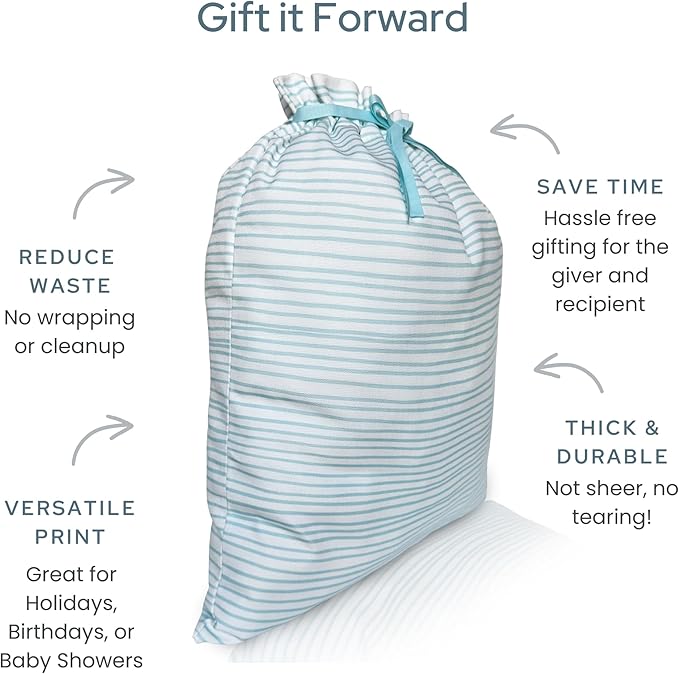 Gather & Knot Drawstring Gift Bags | 20" Large 12" Small | Premium Canvas | Reusable Fabric Wrap for Baby Shower, Birthdays, Hannukkah, Christmas | Blue Stripes