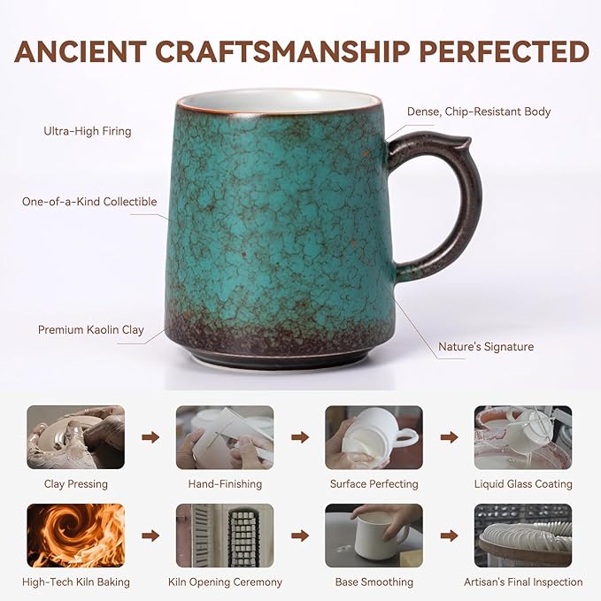 15oz Peacock Green Kiln-Change Ceramic Coffee Mug, 1340℃ High-Fire Unique Glaze Tea Cup - Lead-Free, Microwave Safe, Handcrafted Gift for Coffee/Tea Lovers