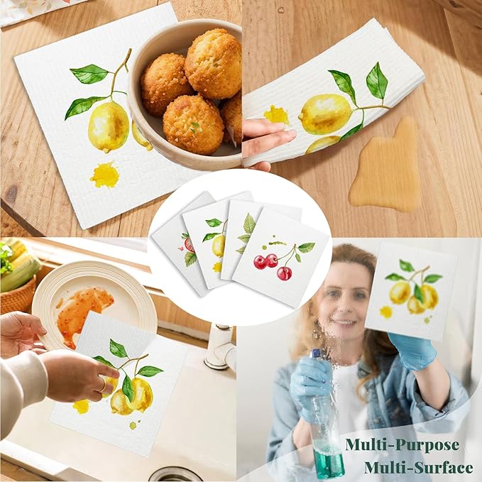 Swedish Dishcloths for Kitchen, Spring Swedish Dish Cleaning Cloths for Friut, Papaya Reusable Paper Towels, 4 Pack Dish Towels for Kitchen, Reusable Sponge Cloths Washable