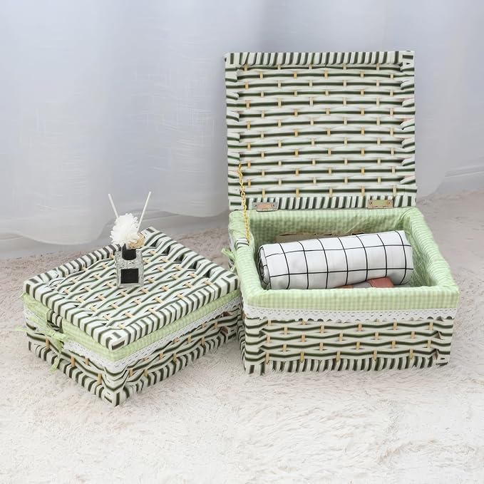 Paper Rope Storage Basket with Lid,Handmade Woven Rustic Green Shelf Basket for Organizing, Decor-Detachable & Washable Lining (Set of 2)