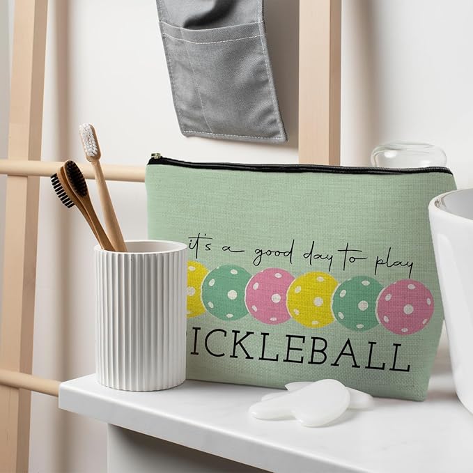 Pickleball Gifts for Women, Colorful Pickleball Makeup Bag for Women, It's a Good Day to Play Pickleball Cosmetic Bag Toiletry Bag, Gifts for Pickleball Lovers, Pickleball Stuff(green)