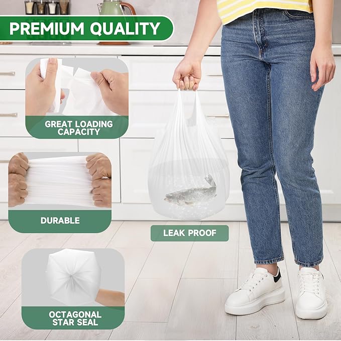 1.6 Gallon Mini Trash Bags For Bathroom - With Handles White Small Garbage Bags（Fit 1.3-1.5Gal）100 Count 6 Liter Biodegradable Compost Waste Basket Liners Unscented Kitchen Office Car Chenyucheng